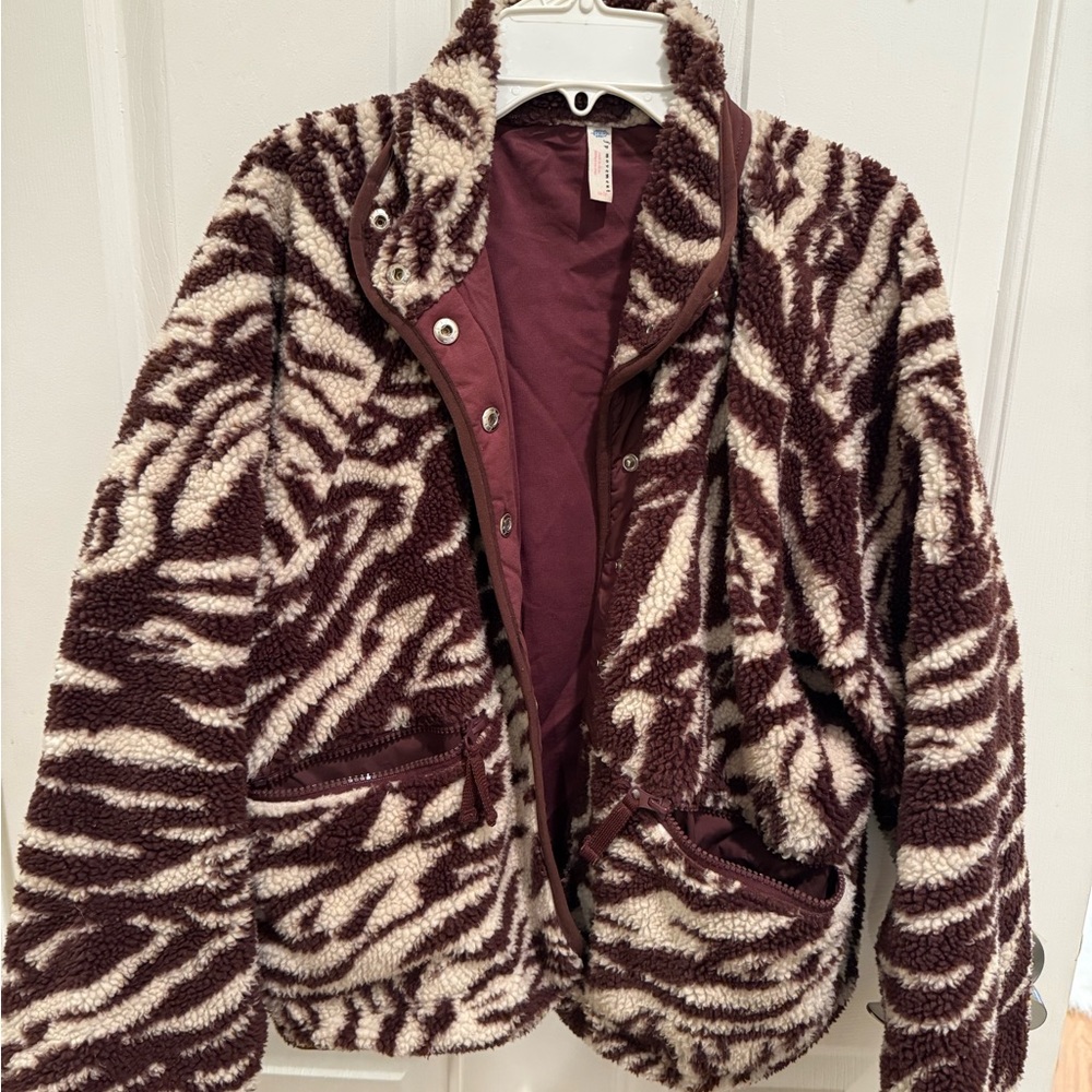FP Movement by Free People Zebra Print Teddy Jacket - Brown and Cream